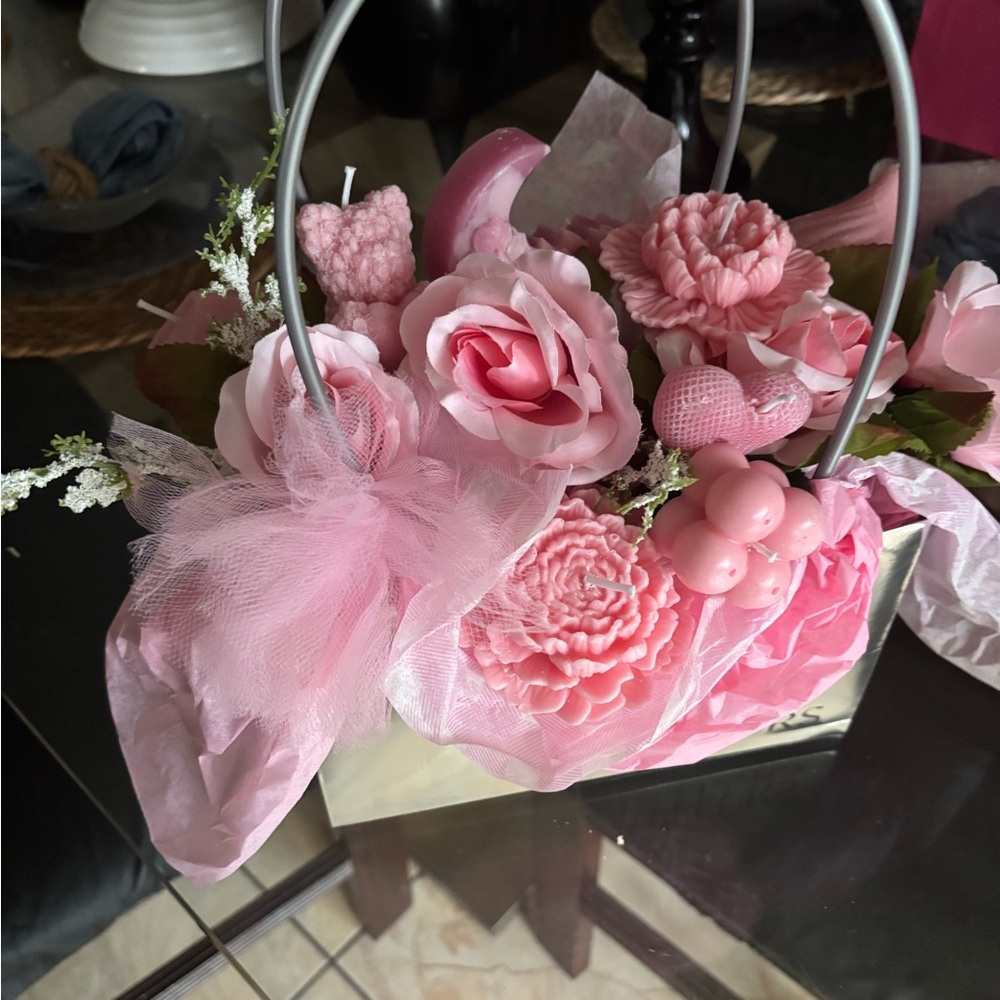 Pink Floral Candle in Glass Holder handmade